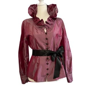 Dana Buchman Iridescent Silk Blouse with Statement Collar Maroon Size 4
